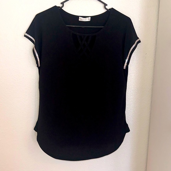 89th and Madison size medium black blouse with rhinestone bling around arms. - Picture 1 of 10
